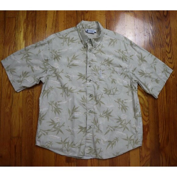 COLUMBIA - MEN'S BEIGE FISH PRINT SHORT SLEEVE BUTTON-UP SHIRT - SIZE M - Picture 2 of 6